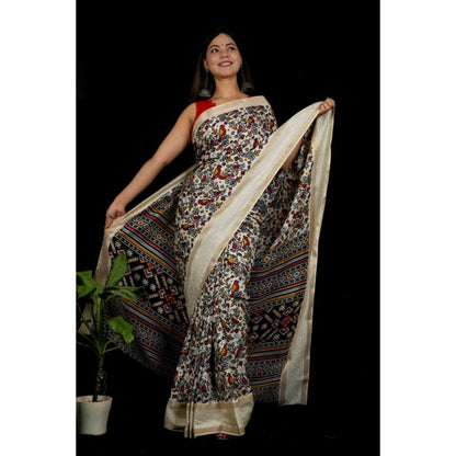 Isadora Life Womens Printed White Pre-Draped Saree with Unstitched Blouse
