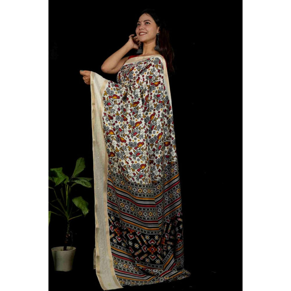 Isadora Life Womens Printed White Pre-Draped Saree with Unstitched Blouse