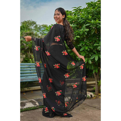 Isadora Life Womens Embroidered Tassels Black Pre-Draped Saree with Unstitched Blouse