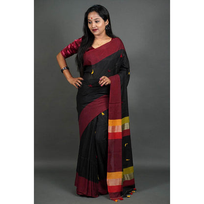 Isadora Life Womens Embroidered Tassels Black Pre-Draped Saree with Unstitched Blouse