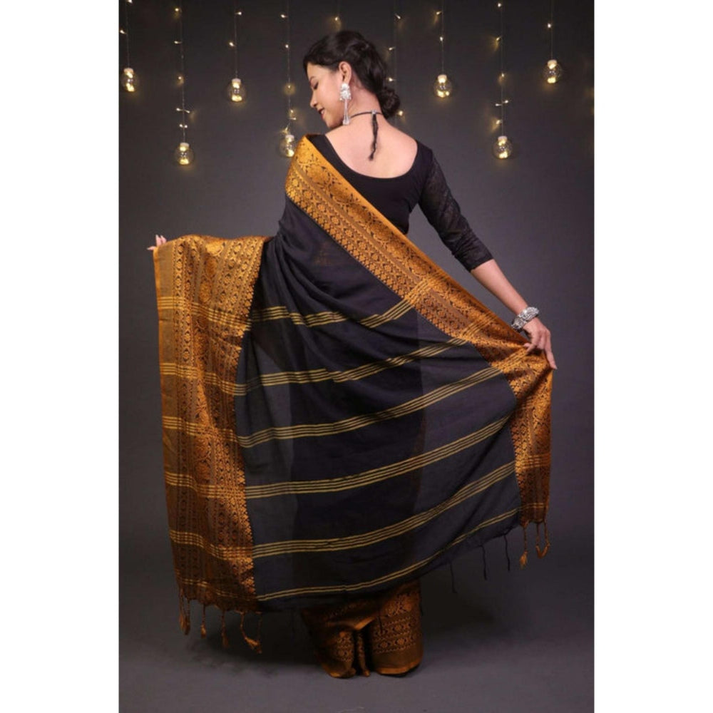 Isadora Life Womens Woven Tassels Black Pre-Draped Saree with Unstitched Blouse