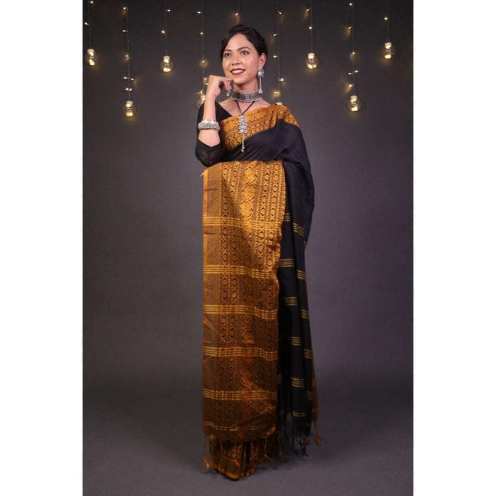 Isadora Life Womens Woven Tassels Black Pre-Draped Saree with Unstitched Blouse