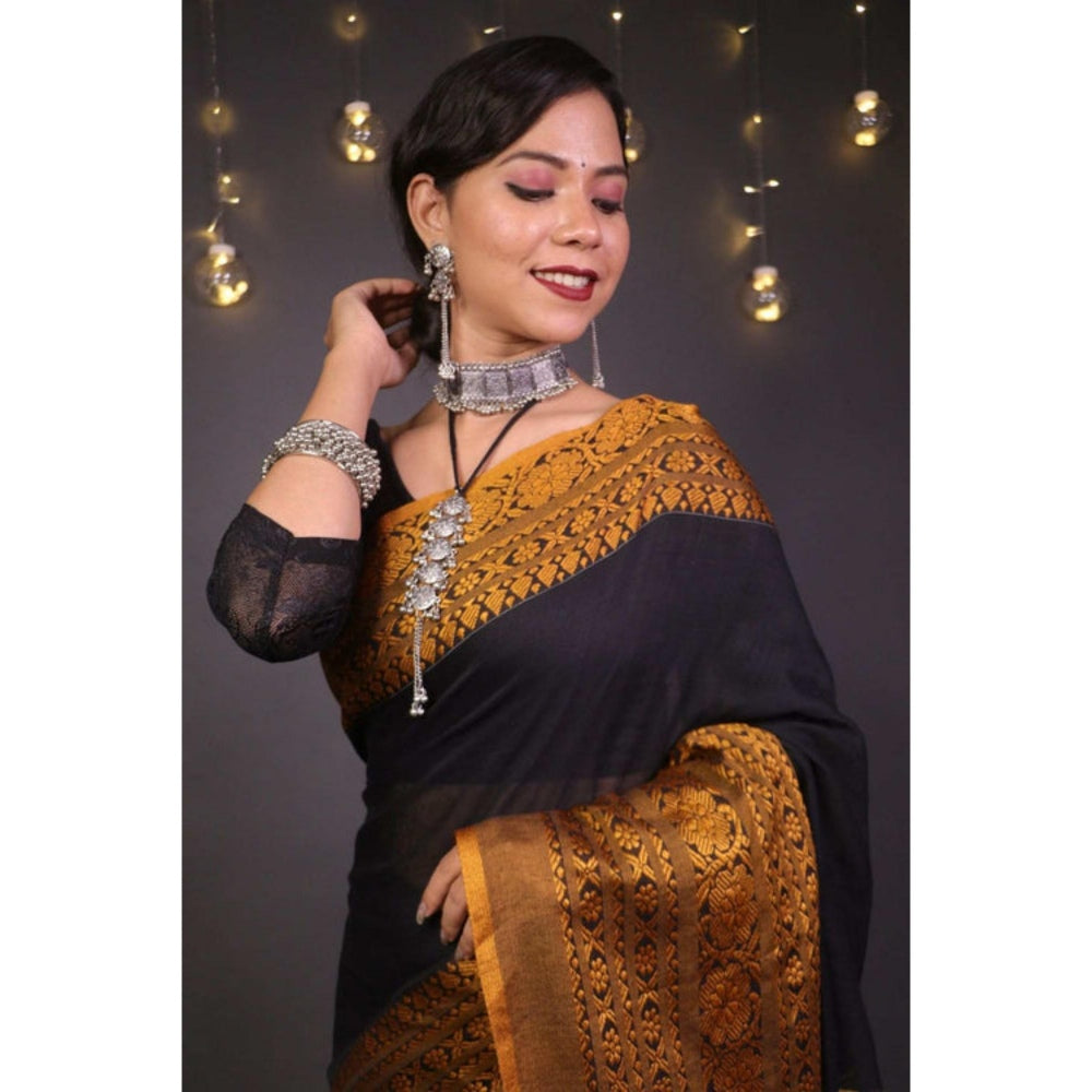 Isadora Life Womens Woven Tassels Black Pre-Draped Saree with Unstitched Blouse