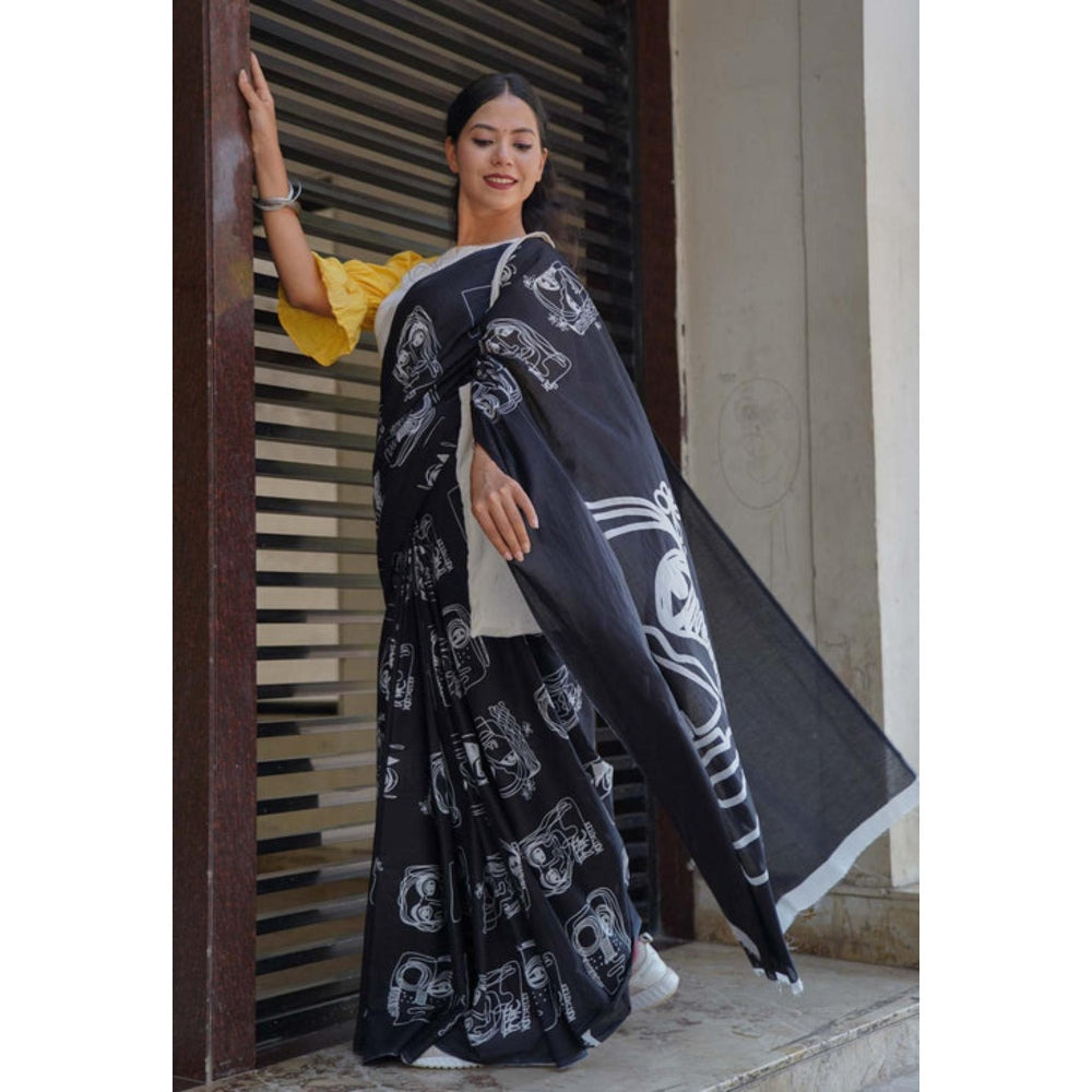 Isadora Life Womens Hand Block Printed Black Pre-Draped Saree with Unstitched Blouse