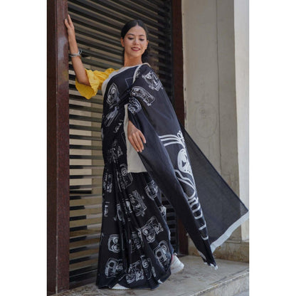 Isadora Life Womens Hand Block Printed Black Pre-Draped Saree with Unstitched Blouse