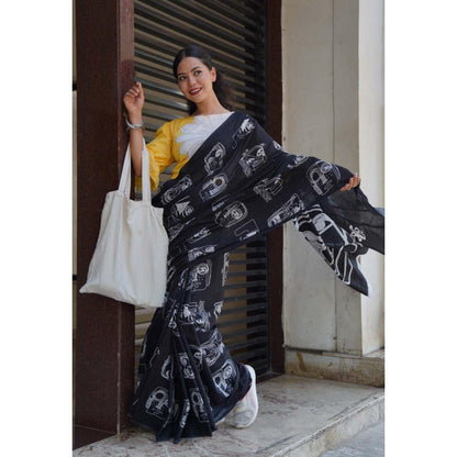 Isadora Life Womens Hand Block Printed Black Pre-Draped Saree with Unstitched Blouse