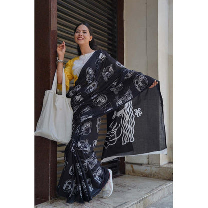 Isadora Life Womens Hand Block Printed Black Pre-Draped Saree with Unstitched Blouse
