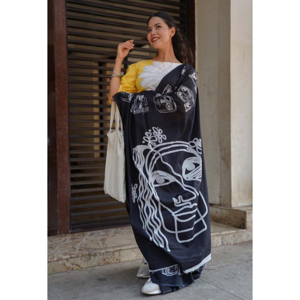Isadora Life Womens Hand Block Printed Black Pre-Draped Saree with Unstitched Blouse