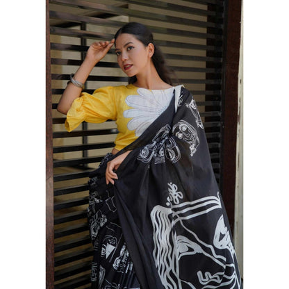 Isadora Life Womens Hand Block Printed Black Pre-Draped Saree with Unstitched Blouse