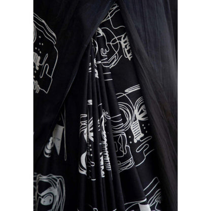 Isadora Life Womens Hand Block Printed Black Pre-Draped Saree with Unstitched Blouse