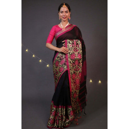 Isadora Life Womens Woven Tassels Black Pre-Draped Saree with Unstitched Blouse