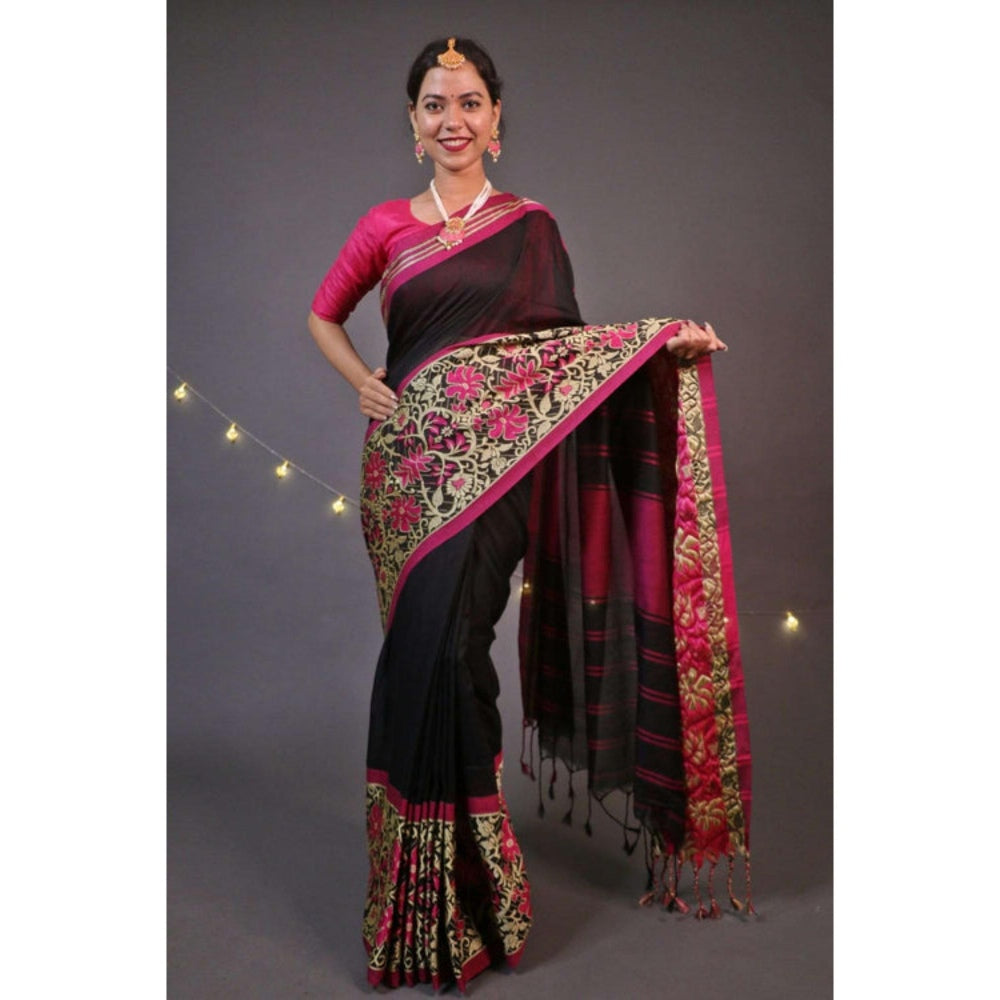 Isadora Life Womens Woven Tassels Black Pre-Draped Saree with Unstitched Blouse