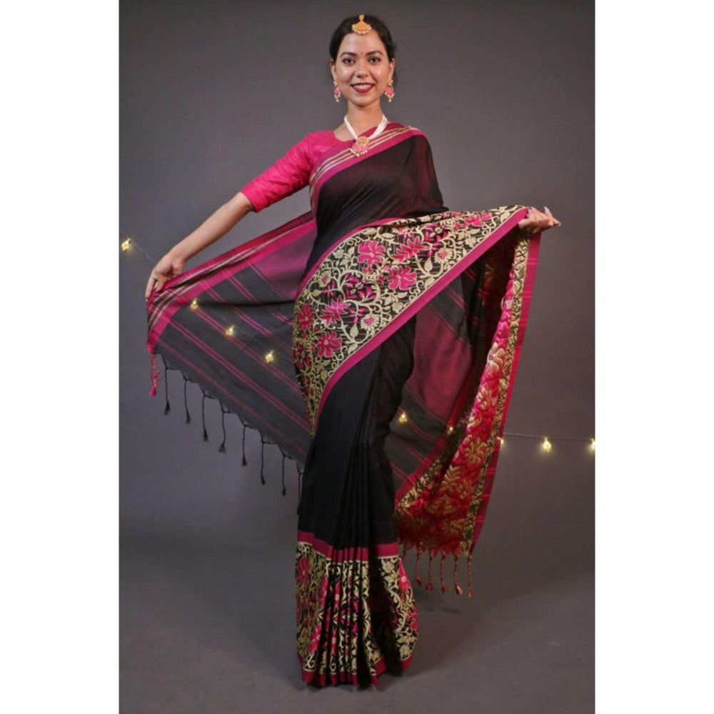 Isadora Life Womens Woven Tassels Black Pre-Draped Saree with Unstitched Blouse