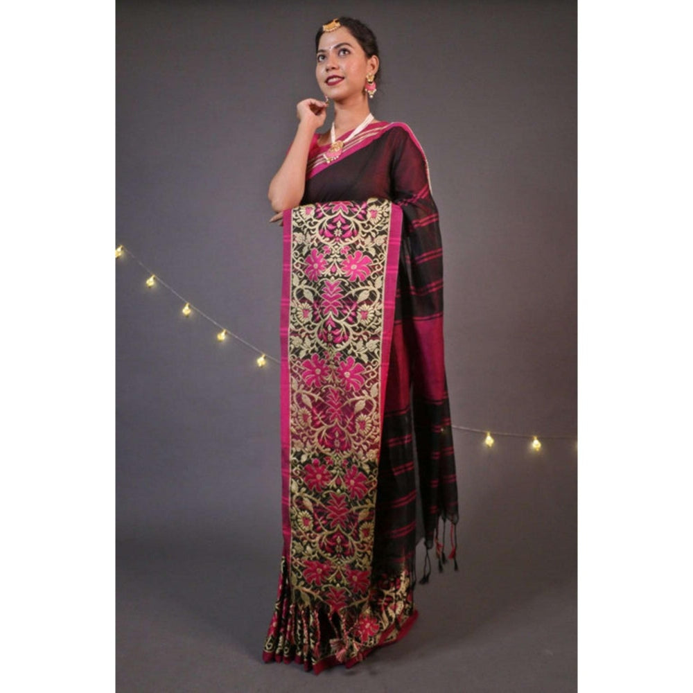 Isadora Life Womens Woven Tassels Black Pre-Draped Saree with Unstitched Blouse