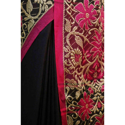 Isadora Life Womens Woven Tassels Black Pre-Draped Saree with Unstitched Blouse