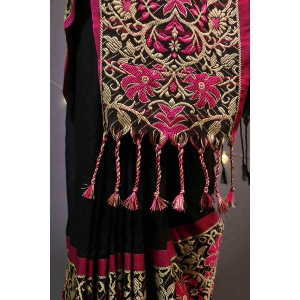 Isadora Life Womens Woven Tassels Black Pre-Draped Saree with Unstitched Blouse