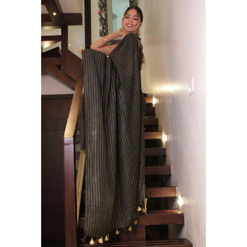 Isadora Life Womens Stripes Tassels Black Pre-Draped Saree with Unstitched Blouse