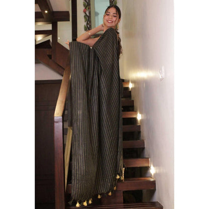 Isadora Life Womens Stripes Tassels Black Pre-Draped Saree with Unstitched Blouse