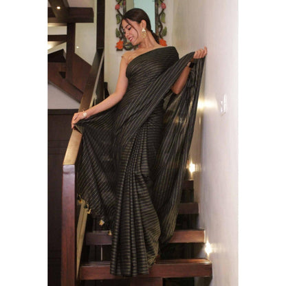 Isadora Life Womens Stripes Tassels Black Pre-Draped Saree with Unstitched Blouse
