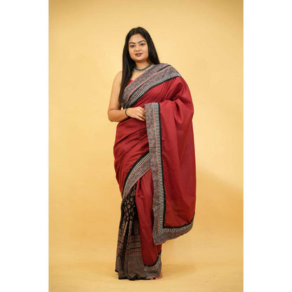 Isadora Life Womens Printed Maroon Pre-Draped Saree with Unstitched Blouse