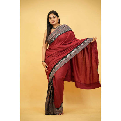 Isadora Life Womens Printed Maroon Pre-Draped Saree with Unstitched Blouse