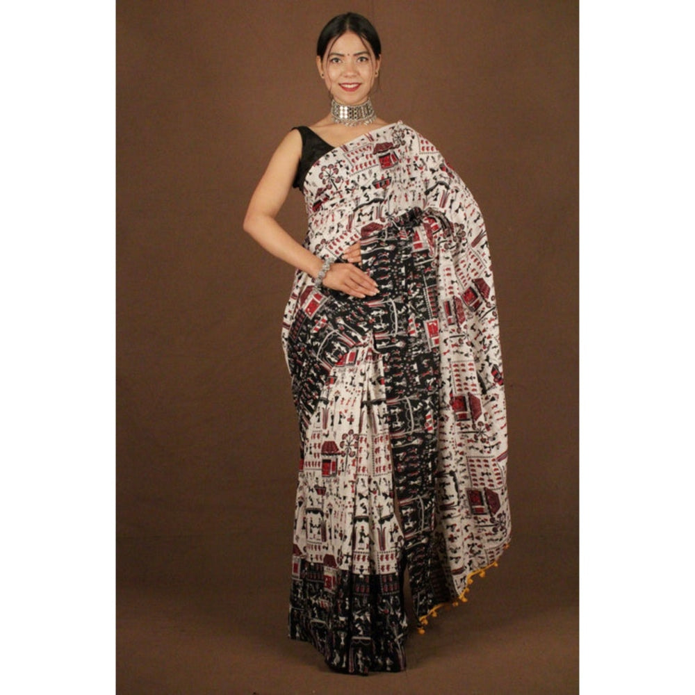 Isadora Life Womens Kalamkari Printed Off White Pre-Draped Saree with Unstitched Blouse