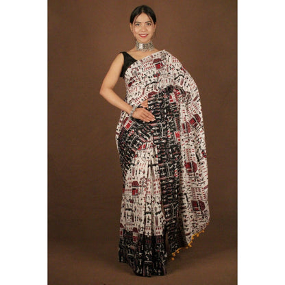 Isadora Life Womens Kalamkari Printed Off White Pre-Draped Saree with Unstitched Blouse