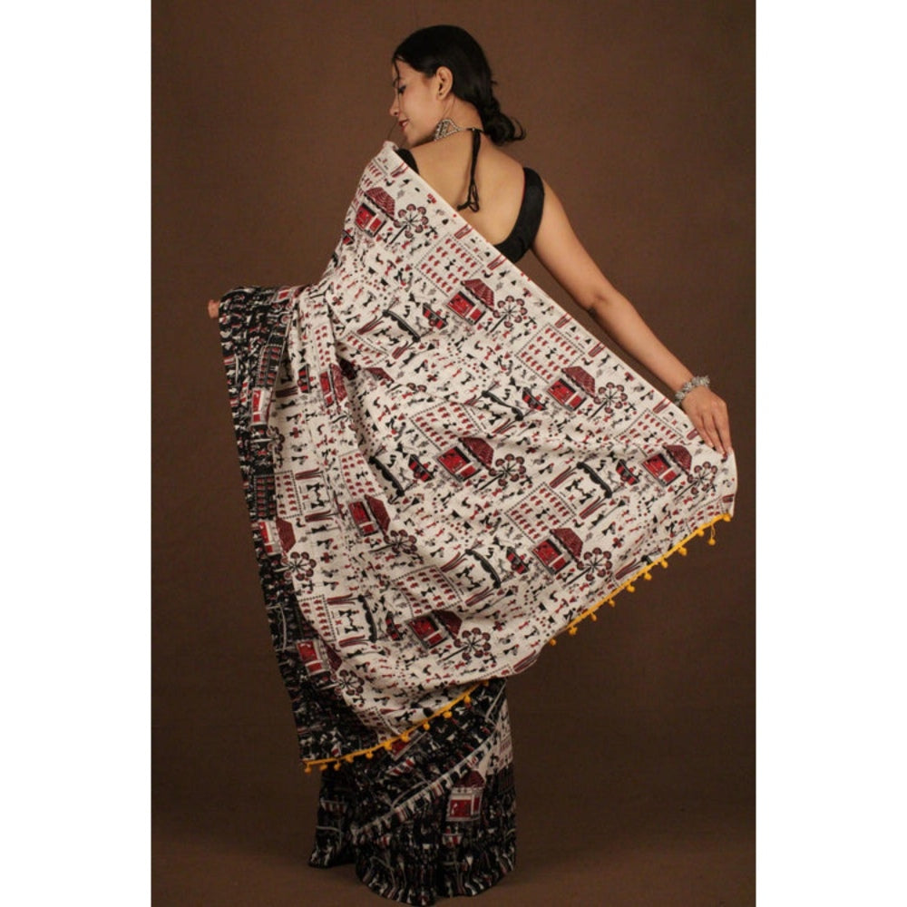 Isadora Life Womens Kalamkari Printed Off White Pre-Draped Saree with Unstitched Blouse
