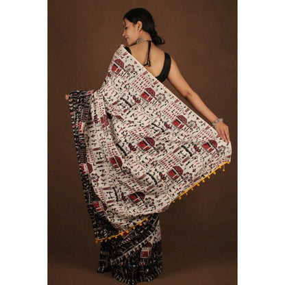 Isadora Life Womens Kalamkari Printed Off White Pre-Draped Saree with Unstitched Blouse