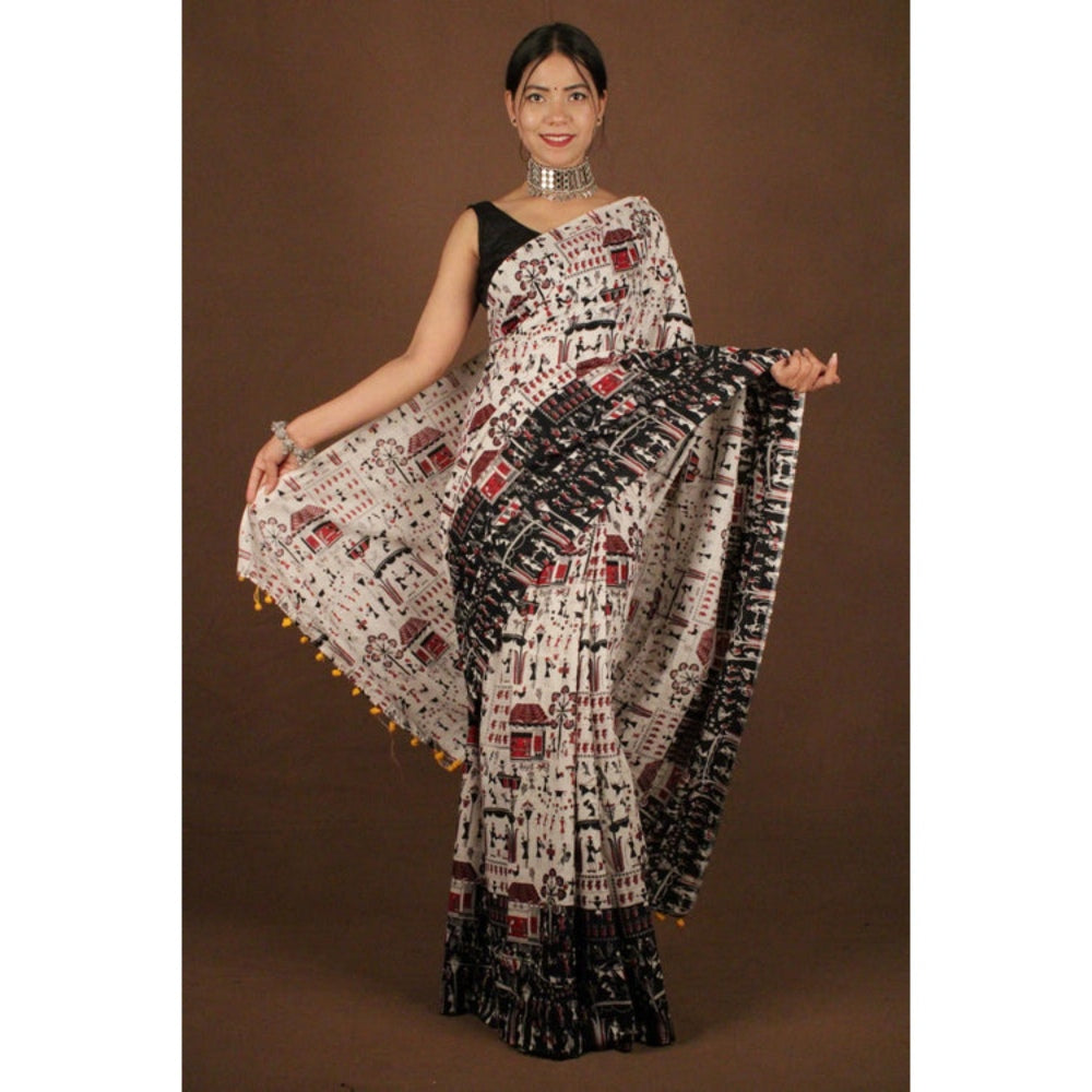 Isadora Life Womens Kalamkari Printed Off White Pre-Draped Saree with Unstitched Blouse