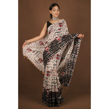 Isadora Life Womens Kalamkari Printed Off White Pre-Draped Saree with Unstitched Blouse