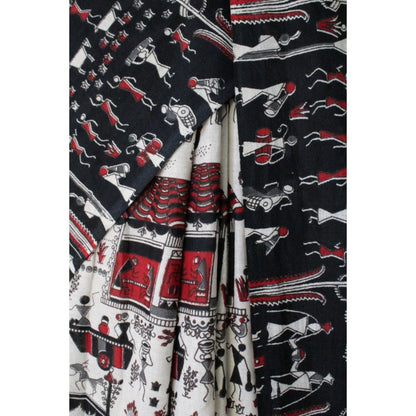 Isadora Life Womens Kalamkari Printed Off White Pre-Draped Saree with Unstitched Blouse