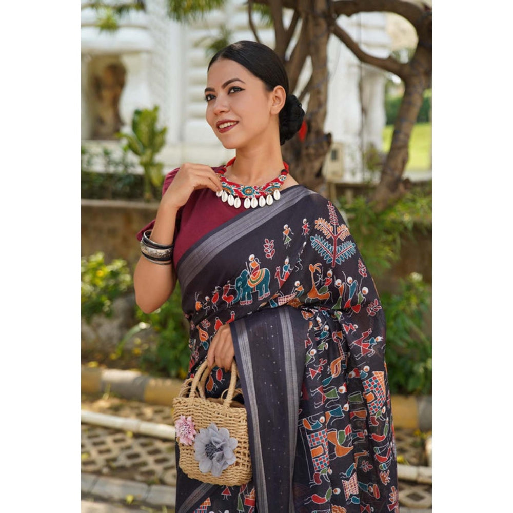 Isadora Life Womens Printed Tassels Black Pre-Draped Saree with Unstitched Blouse