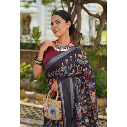 Isadora Life Womens Printed Tassels Black Pre-Draped Saree with Unstitched Blouse