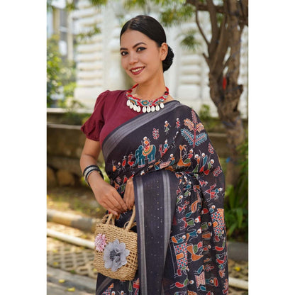 Isadora Life Womens Printed Tassels Black Pre-Draped Saree with Unstitched Blouse