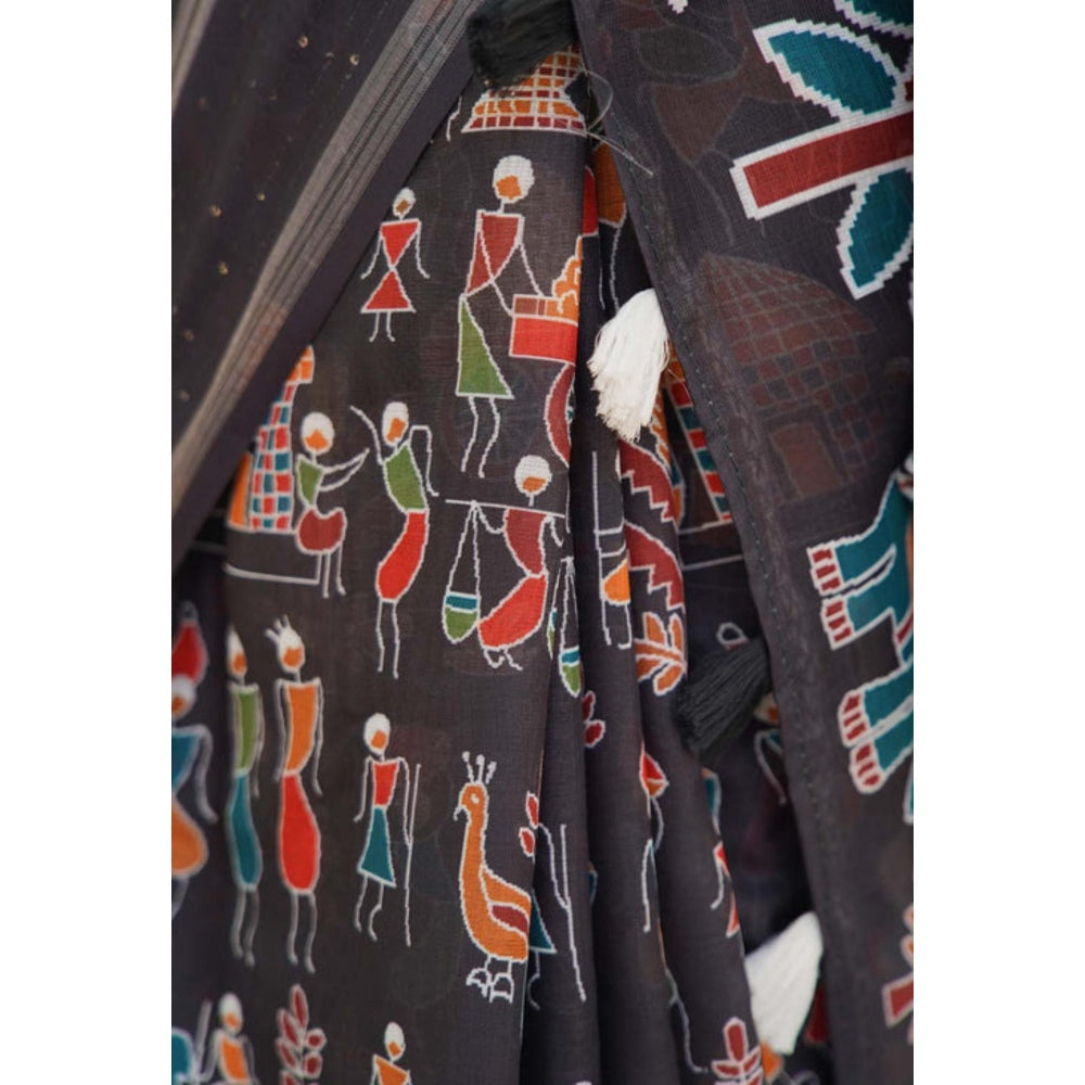 Isadora Life Womens Printed Tassels Black Pre-Draped Saree with Unstitched Blouse