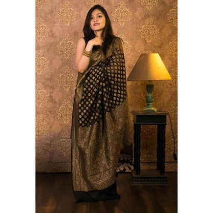Isadora Life Womens Woven Zari Black Pre-Draped Saree with Unstitched Blouse