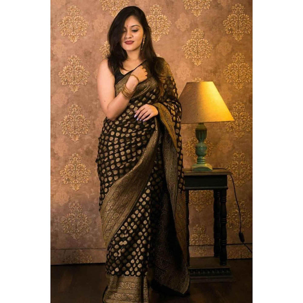 Isadora Life Womens Woven Zari Black Pre-Draped Saree with Unstitched Blouse