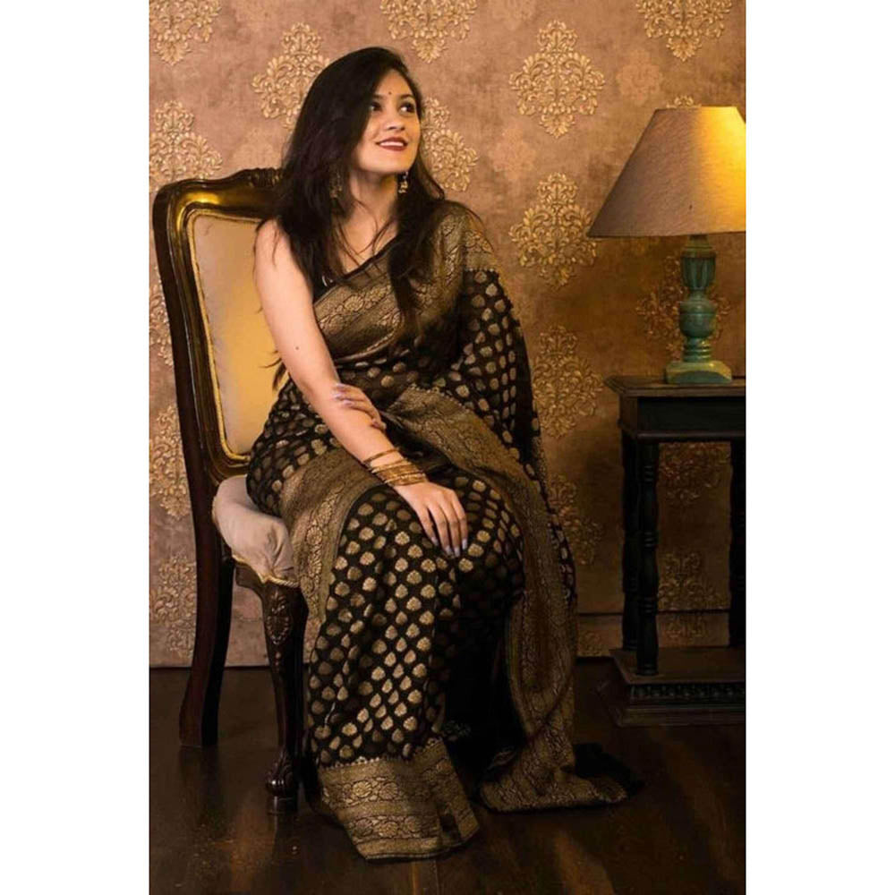 Isadora Life Womens Woven Zari Black Pre-Draped Saree with Unstitched Blouse