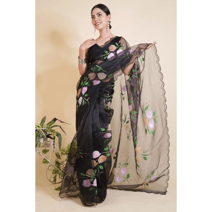Isadora Life Womens Floral Printed Black Pre-Draped Saree with Unstitched Blouse