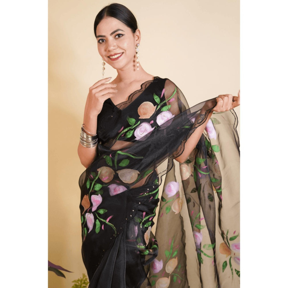 Isadora Life Womens Floral Printed Black Pre-Draped Saree with Unstitched Blouse