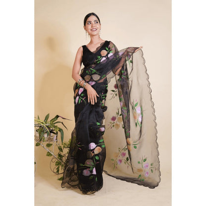 Isadora Life Womens Floral Printed Black Pre-Draped Saree with Unstitched Blouse