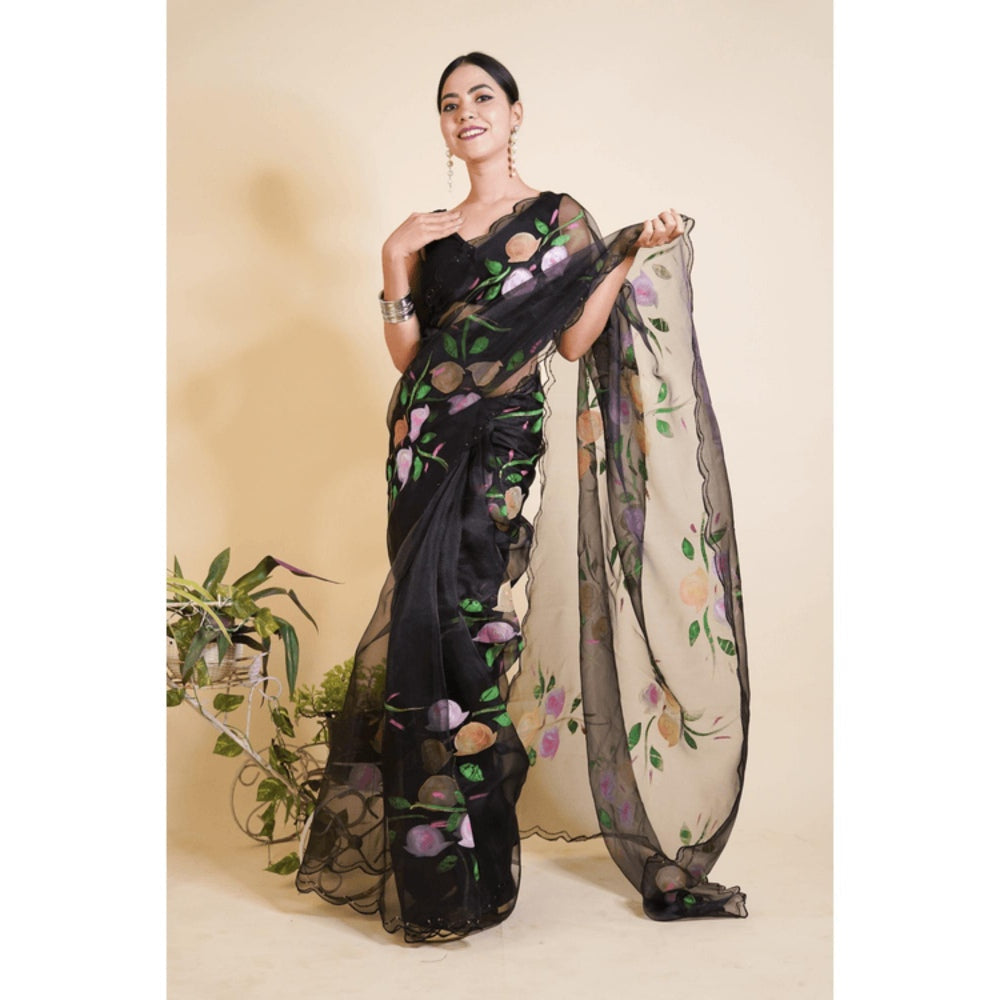 Isadora Life Womens Floral Printed Black Pre-Draped Saree with Unstitched Blouse