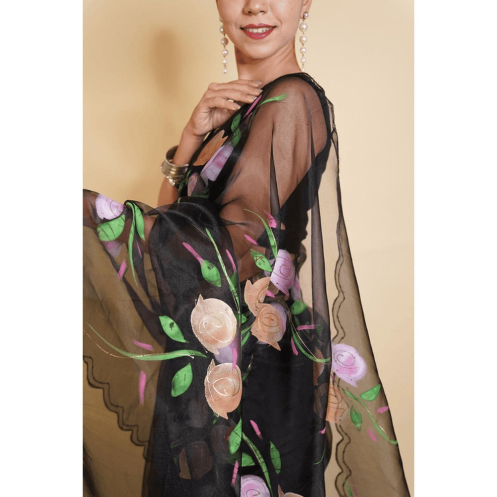 Isadora Life Womens Floral Printed Black Pre-Draped Saree with Unstitched Blouse
