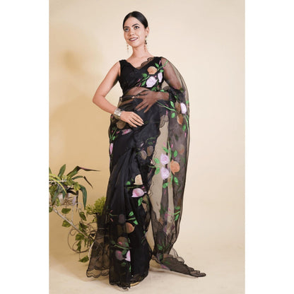 Isadora Life Womens Floral Printed Black Pre-Draped Saree with Unstitched Blouse