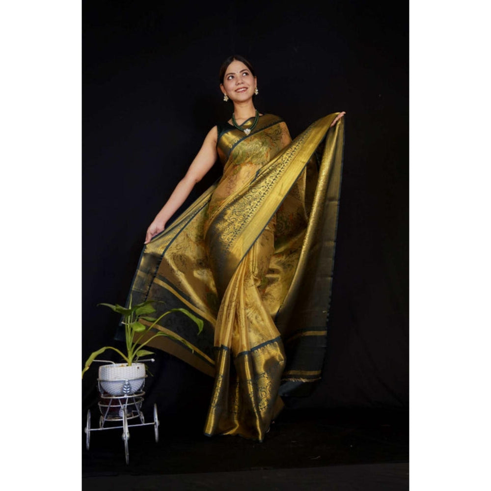 Isadora Life Womens Woven Zari Gold Pre-Draped Saree with Unstitched Blouse