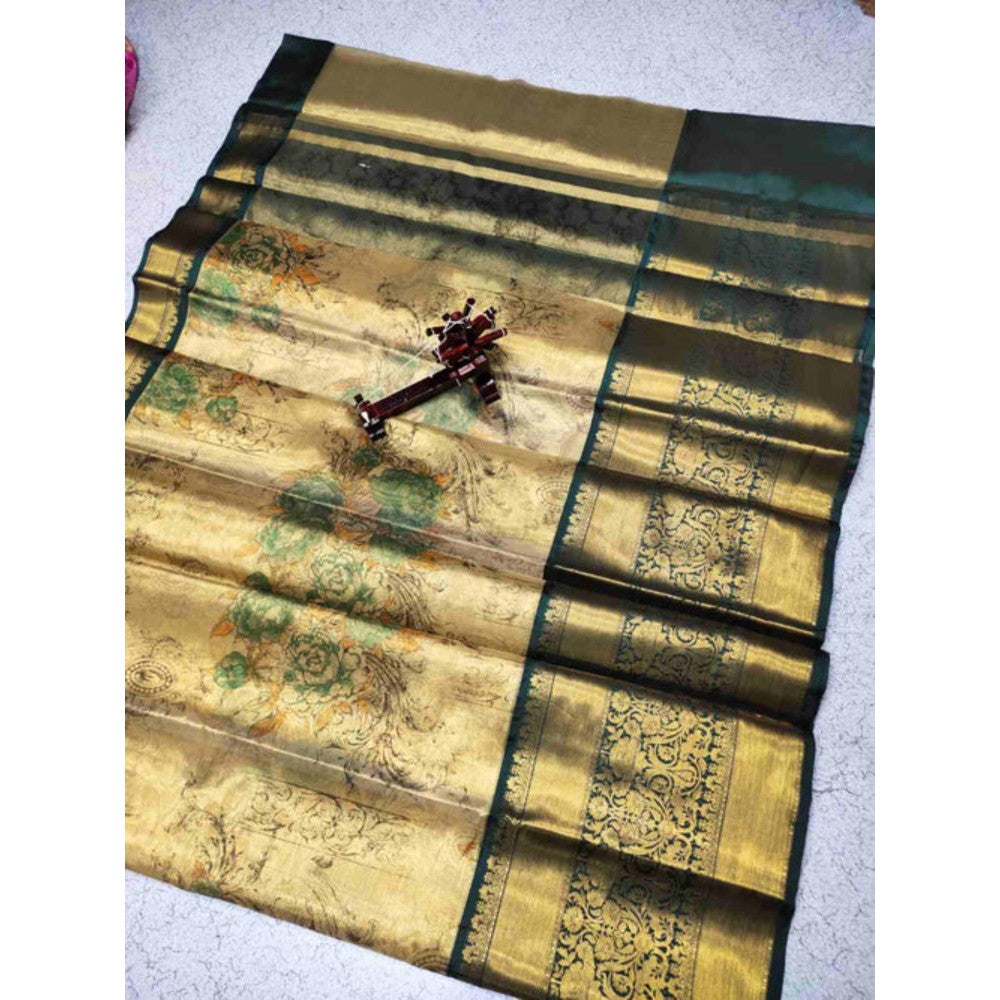 Isadora Life Womens Woven Zari Gold Pre-Draped Saree with Unstitched Blouse