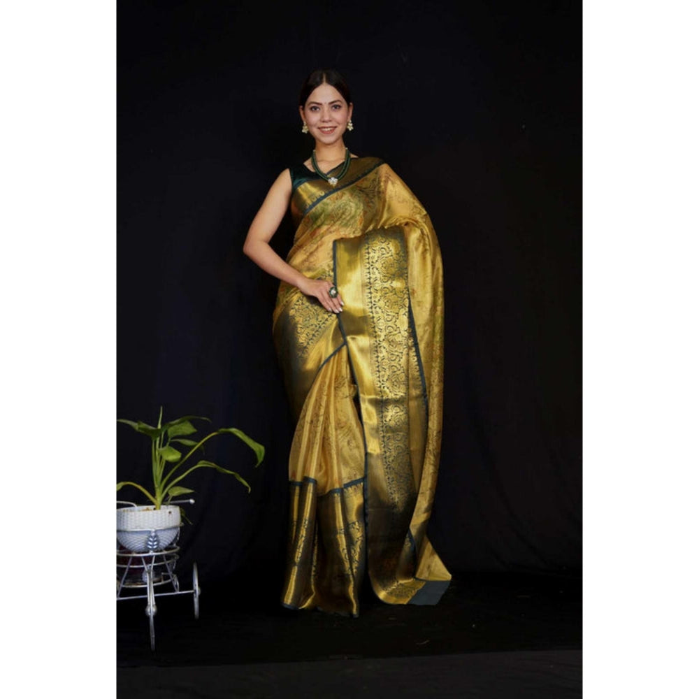 Isadora Life Womens Woven Zari Gold Pre-Draped Saree with Unstitched Blouse