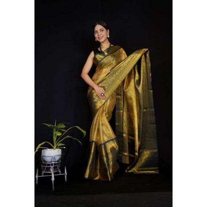 Isadora Life Womens Woven Zari Gold Pre-Draped Saree with Unstitched Blouse