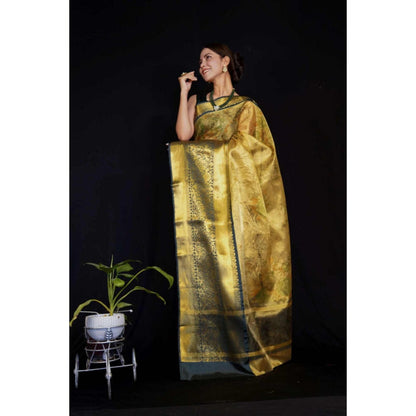 Isadora Life Womens Woven Zari Gold Pre-Draped Saree with Unstitched Blouse